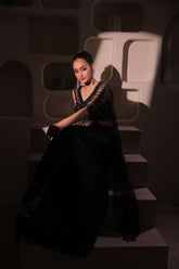 Black Sequins Embellished Blouse with drape skirt and detatchable cape