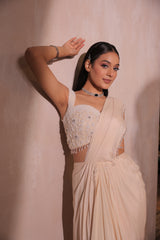 Ivory Pre-Draped Saree with Embellished Blouse