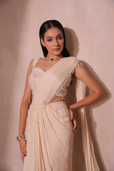 Ivory Pre-Draped Saree with Embellished Blouse