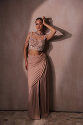 Dusty Pink Draped Skirt & Embellished Crop Top Set
