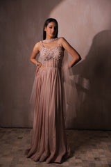 Dusty Pink Embellished Anarkali Gown with Sheer Cape