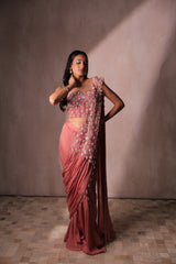 Pink Pre-Draped Saree with Embellished Corset Blouse | Ruffled Cocktail Sari