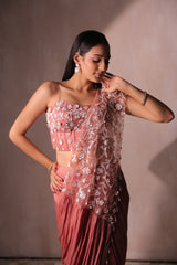 Pink Pre-Draped Saree with Embellished Corset Blouse | Ruffled Cocktail Sari