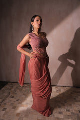 Sequins and beads pre draped Pink saree