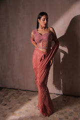 Sequins and beads pre draped Pink saree