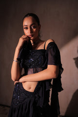 Black Sequin Embellished Pre-Draped Saree with Sequin Fabric Detailing | Ready-to-Wear Cocktail Saree