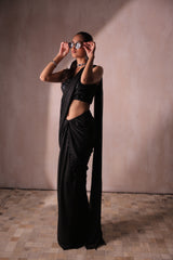 Black Glitter Pre-Draped Saree with Sequin Embroidered Blouse | Ready-to-Wear Cocktail Sari