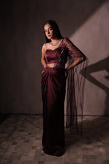 Wine Red Satin Draped Saree with Sequined Tassel Pallu