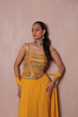 Mustard Yellow Mirror Work Crop Top & Lehenga Set | Haldi & Sangeet Festive Wear
