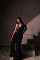 Black Sequins Halter Neck Saree with Glitter Drape | Ready-to-Wear Cocktail Sari