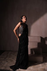 Black Sequins Halter Neck Saree with Glitter Drape | Ready-to-Wear Cocktail Sari