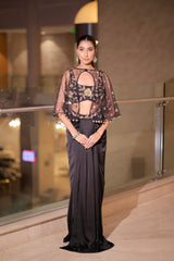 Black Satin Draped Saree Skirt with an embroidered sheer cape