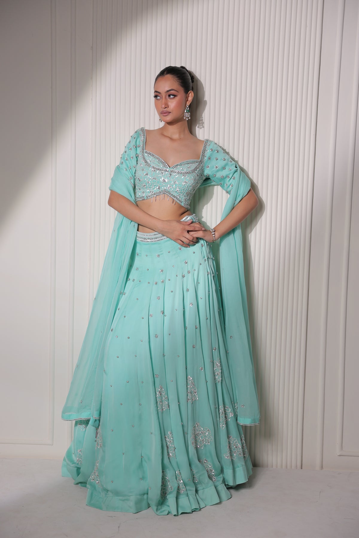 Aqua Blue Sequin Embroidered Lehenga Choli Set