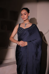 Midnight Blue Sequin Border Satin Saree with Embellished Blouse