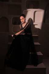 Black Sequins Embellished Blouse with drape skirt and detatchable cape