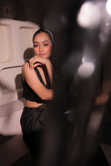 Black Sequins Embellished Blouse with drape skirt and detatchable cape