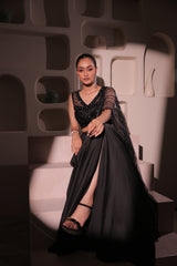 Black Sequins Embellished Blouse with drape skirt and detatchable cape