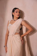 Ivory Pre-Draped Saree with Embellished Blouse
