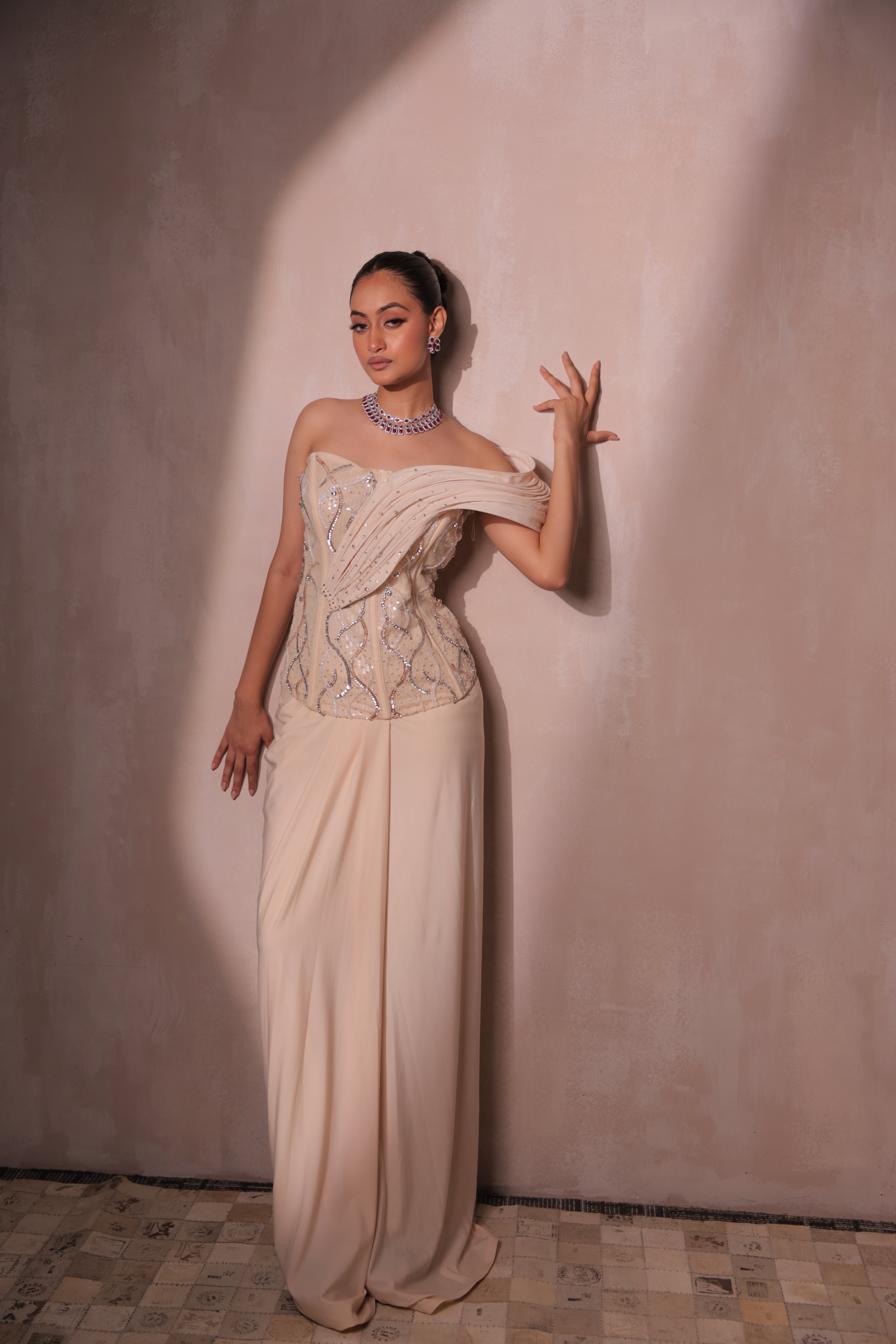 Ivory Sculpted Corset Gown with Draped Skirt