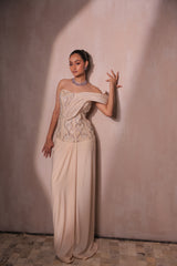 Ivory Sculpted Corset Gown with Draped Skirt | Off-Shoulder Evening Dress