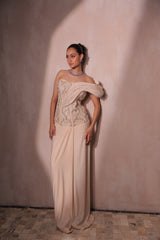 Ivory Sculpted Corset Gown with Draped Skirt | Off-Shoulder Evening Dress