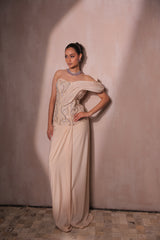 Ivory Sculpted Corset Gown with Draped Skirt | Off-Shoulder Evening Dress