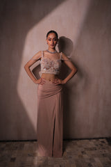 Dusty Pink Draped Skirt & Embellished Crop Top Set