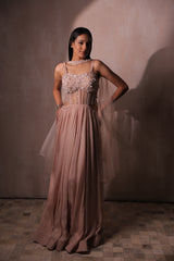 Dusty Pink Embellished Anarkali Gown with Sheer Cape