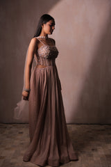 Dusty Pink Embellished Anarkali Gown with Sheer Cape