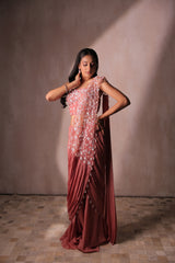 Pink Pre-Draped Saree with Embellished Corset Blouse | Ruffled Cocktail Sari