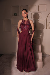 Burgundy Embellished Cut-Out Gown with Sheer Neckline | Pleated Evening Dress