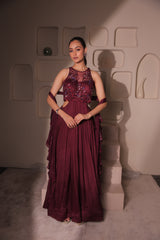 Burgundy Embellished Cut-Out Gown with Sheer Neckline | Pleated Evening Dress