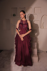 Burgundy Embellished Cut-Out Gown with Sheer Neckline | Pleated Evening Dress