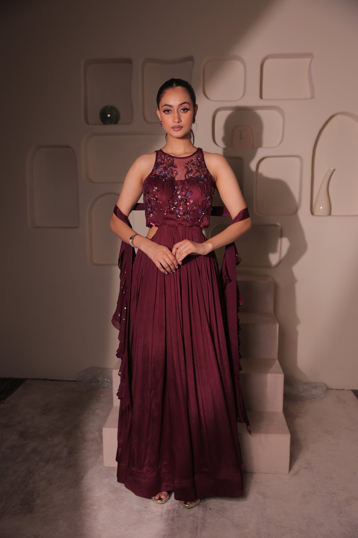 Burgundy Embellished Cut-Out Gown with Sheer Neckline | Pleated Evening Dress