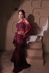 Burgundy Ruffle Saree with Embellished Corset Blouse | Ready-to-Wear Cocktail Sari
