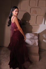 Burgundy Ruffle Saree with Embellished Corset Blouse | Ready-to-Wear Cocktail Sari
