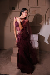 Burgundy Ruffle Saree with Embellished Corset Blouse | Ready-to-Wear Cocktail Sari