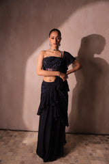 Black Sequin Embellished Pre-Draped Saree with Sequin Fabric Detailing | Ready-to-Wear Cocktail Saree