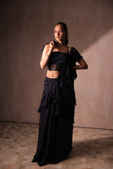 Black Sequin Embellished Pre-Draped Saree with Sequin Fabric Detailing | Ready-to-Wear Cocktail Saree