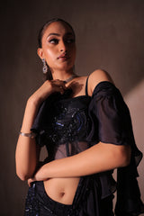 Black Sequin Embellished Pre-Draped Saree with Sequin Fabric Detailing | Ready-to-Wear Cocktail Saree