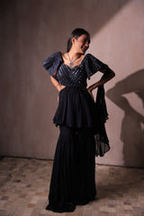 Midnight Blue Sequin Peplum Kurta & Ruffle Sharara Set | Statement Party Wear