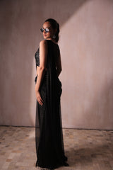 Black Glitter Pre-Draped Saree with Sequin Embroidered Blouse | Ready-to-Wear Cocktail Sari