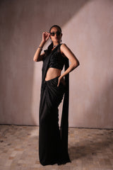 Black Glitter Pre-Draped Saree with Sequin Embroidered Blouse | Ready-to-Wear Cocktail Sari