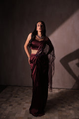 Wine Red Satin Draped Saree with Sequined Tassel Pallu