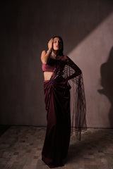 Wine Red Satin Draped Saree with Sequined Tassel Pallu