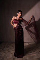 Wine Red Satin Draped Saree with Sequined Tassel Pallu