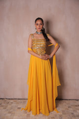 Mustard Yellow Mirror Work Crop Top & Lehenga Set | Haldi & Sangeet Festive Wear
