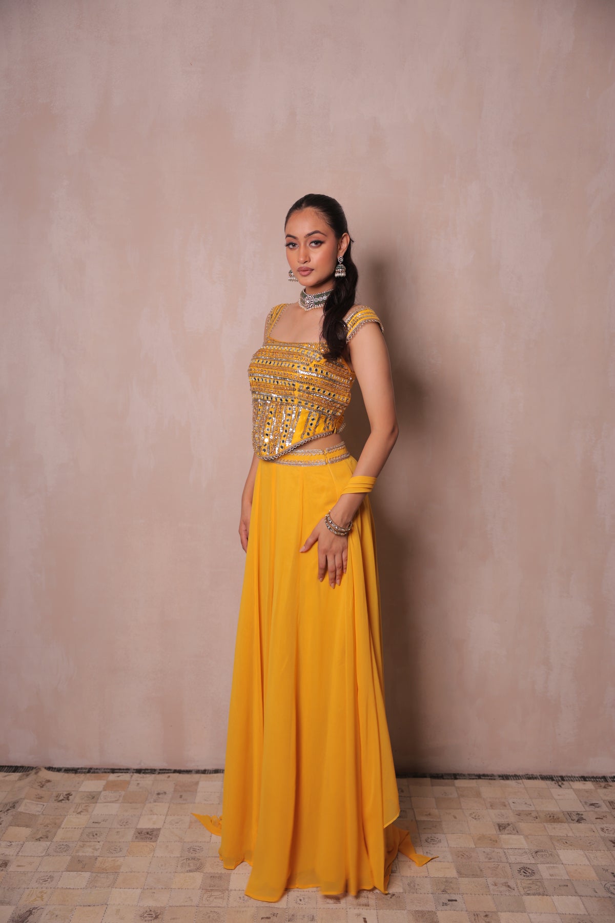 Mustard Yellow Mirror Work Crop Top & Lehenga Set | Haldi & Sangeet Festive Wear