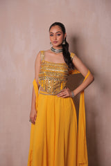 Mustard Yellow Mirror Work Crop Top & Lehenga Set | Haldi & Sangeet Festive Wear