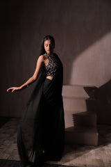 Black Sequins Halter Neck Saree with Glitter Drape | Ready-to-Wear Cocktail Sari